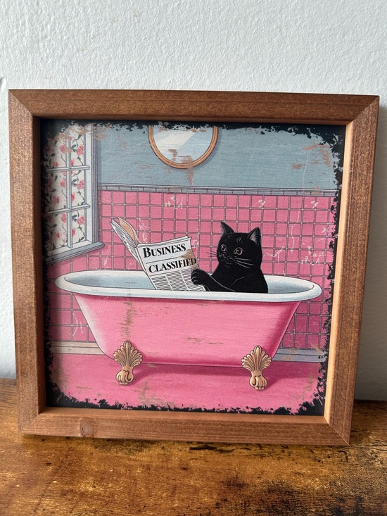 Other - Framed Wooden Cat in Pink Bathtub Reading a Newspaper Wall Art Decor NWT